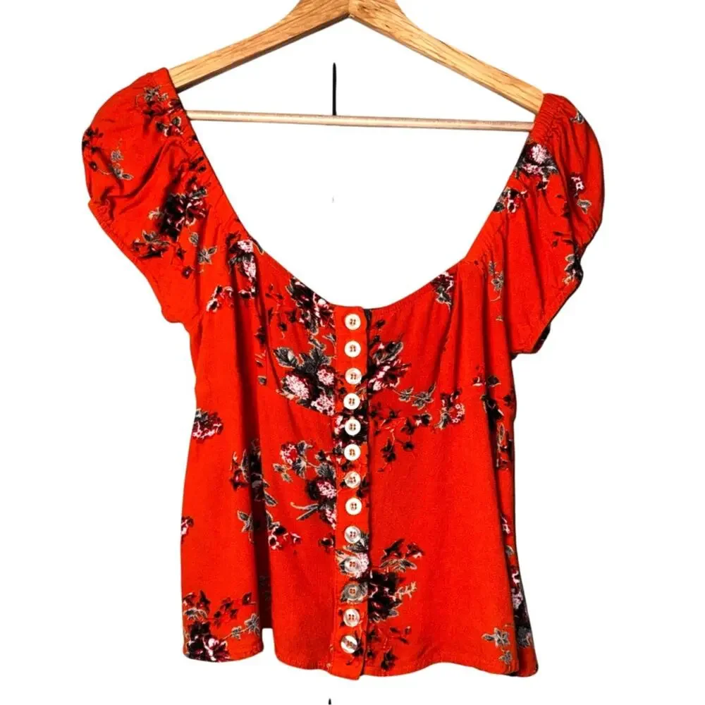 Free People Orange Floral Button Down Top XS Off Shoulder Smocked Back Boho